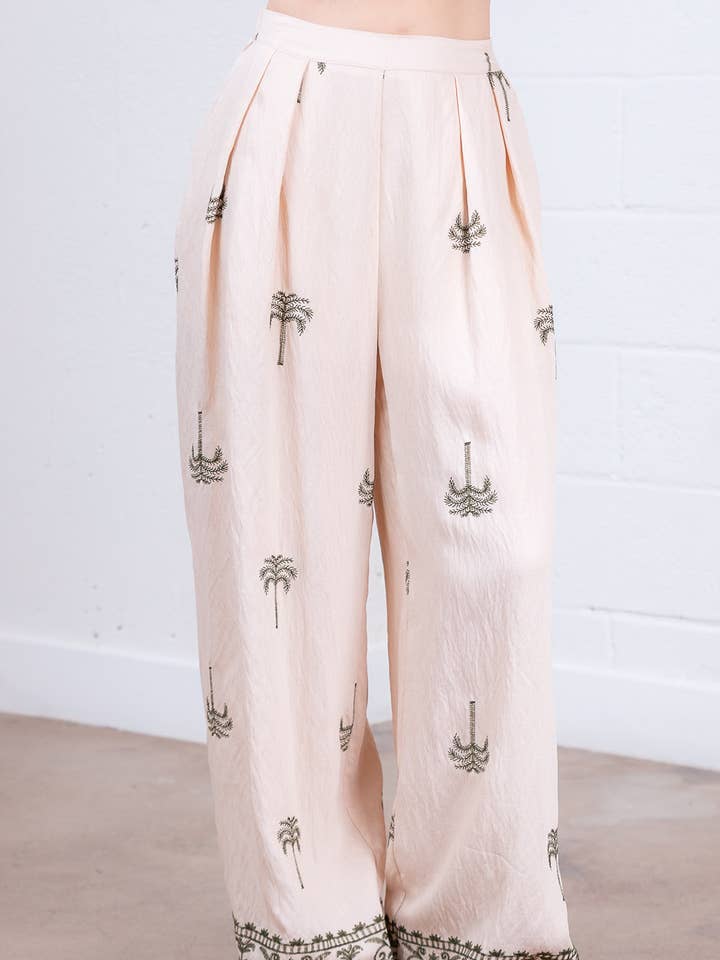SP86347T-PALM TREE EMBO PLEATED LONG PANTS for wholesale by Taelynn