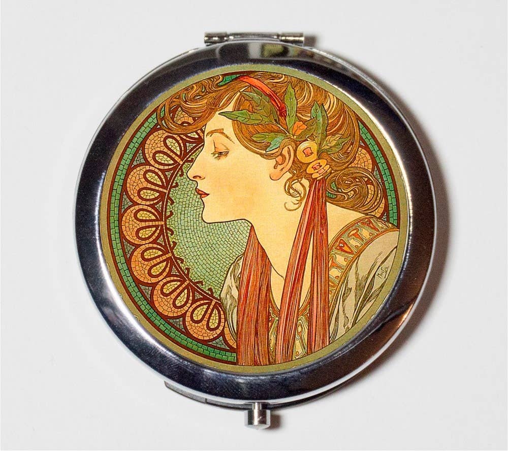 FringePop - Wholesale Compact Mirror - Alphonse Mucha Compact Mirror - Cameo Style Art Nouveau Boho Bohemian Gypsy  - Make Up Pocket Mirror for Cosmetics0