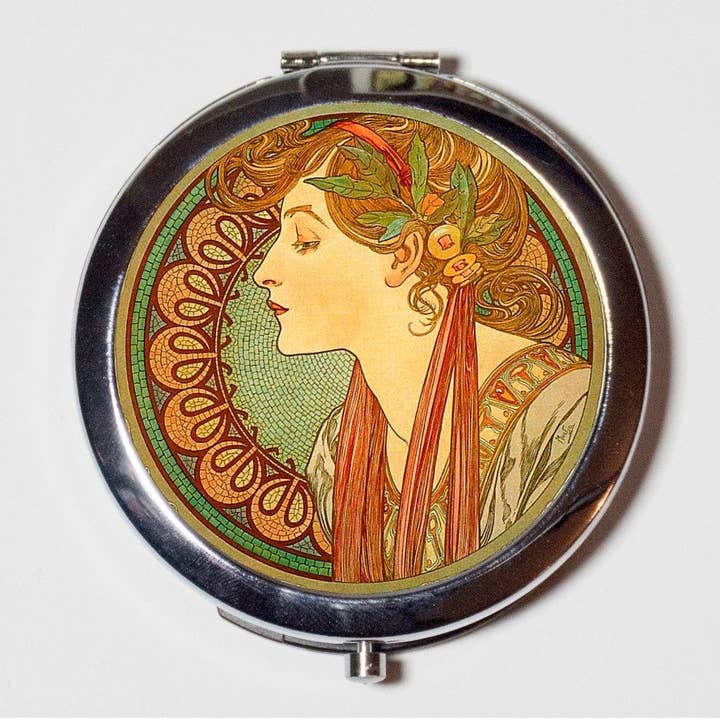 FringePop - Wholesale Compact Mirror - Alphonse Mucha Compact Mirror - Cameo Style Art Nouveau Boho Bohemian Gypsy - Make Up Pocket Mirror for Cosmetics