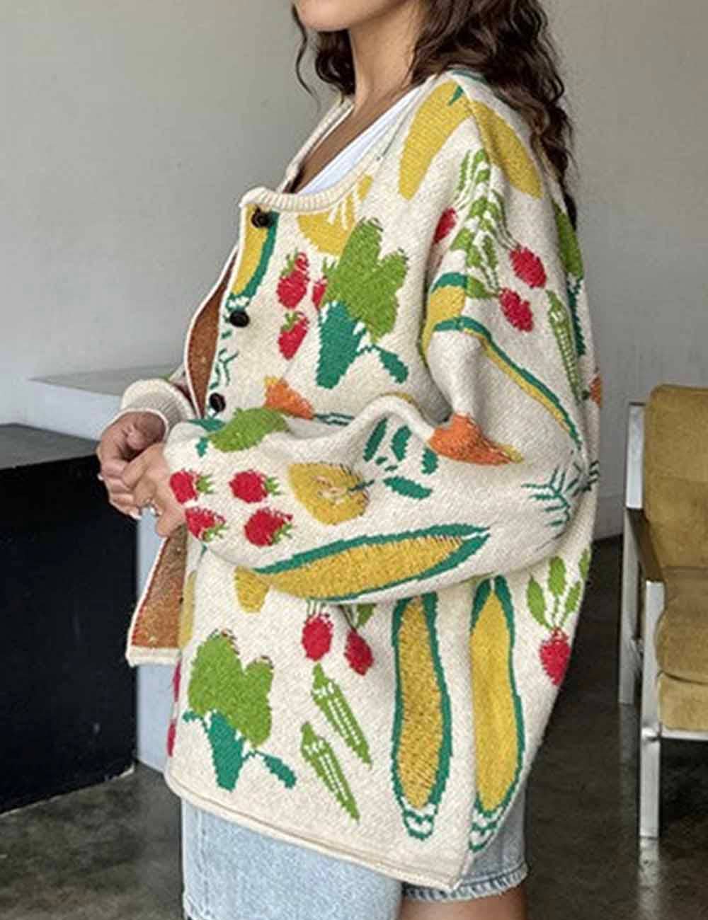 Sweetkama – Großhandel Strickjacke – Damen – Damen Veggie Garden Jacquard Rundhals-Knopf-Cardigan7