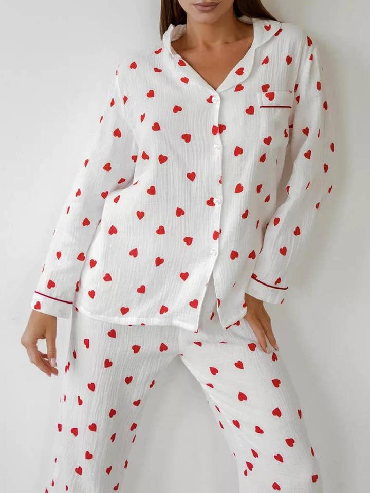 Valentine's Day Heart Print Top Pants Cotton Loungewear Set for wholesale by Rosa Clothing