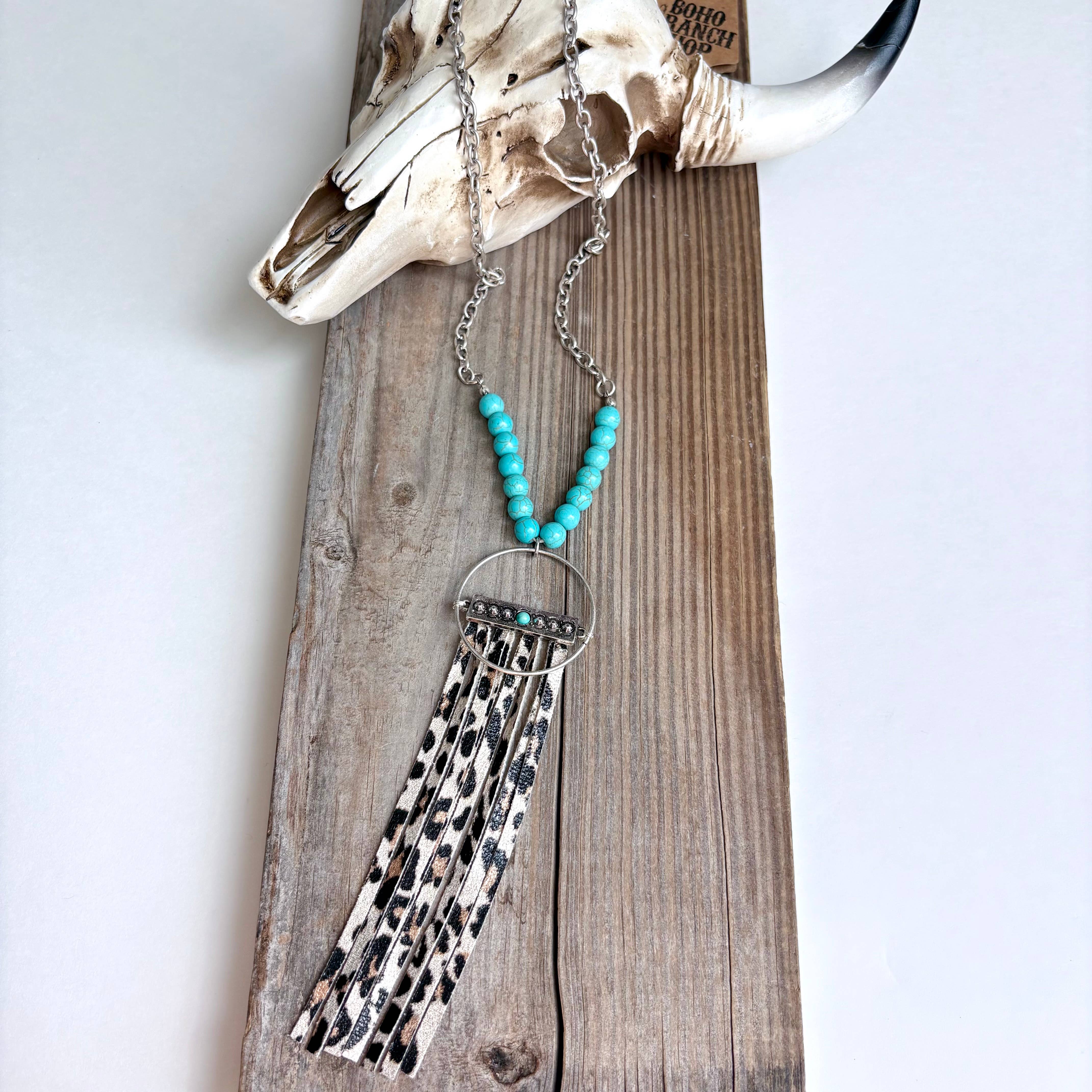 Boho Ranch Shop - Wholesale Pendant/Charm Necklace - Western Boho Leather Tassel Pendant and Stone Long Necklace 5