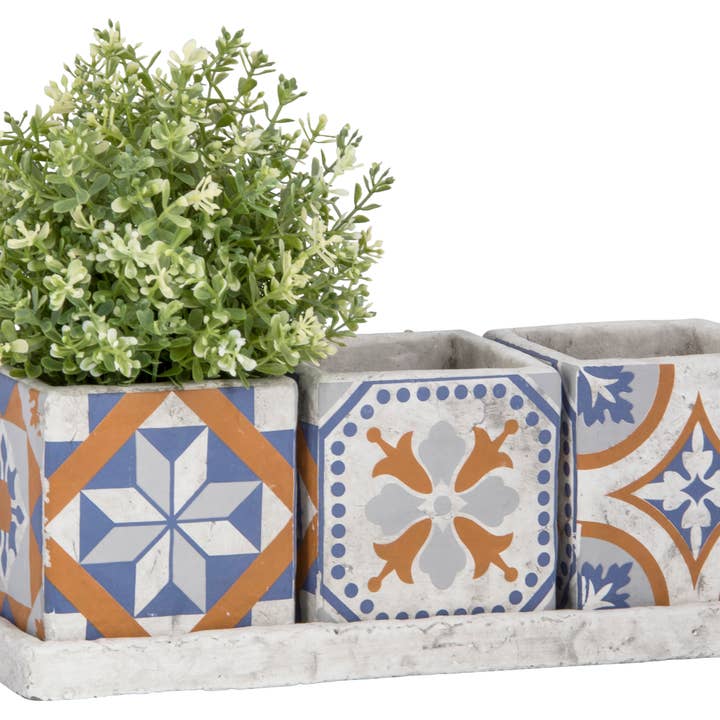 Esschert Design USA - Wholesale Plant Pot - Portuguese Tile Set of 3 Flower Pots on Tray, Concrete