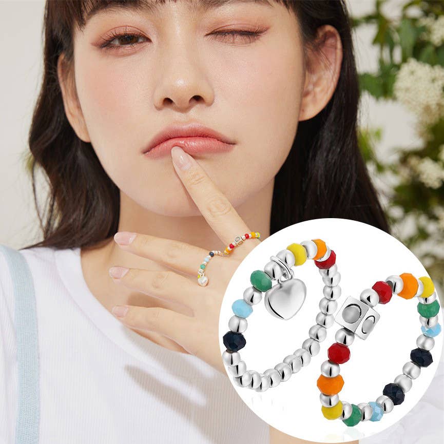Gemscape UK - Wholesale Band/Stacked Ring - Colorful Heart Beaded Elastic Stacked Ring -Fashion & Trendy5