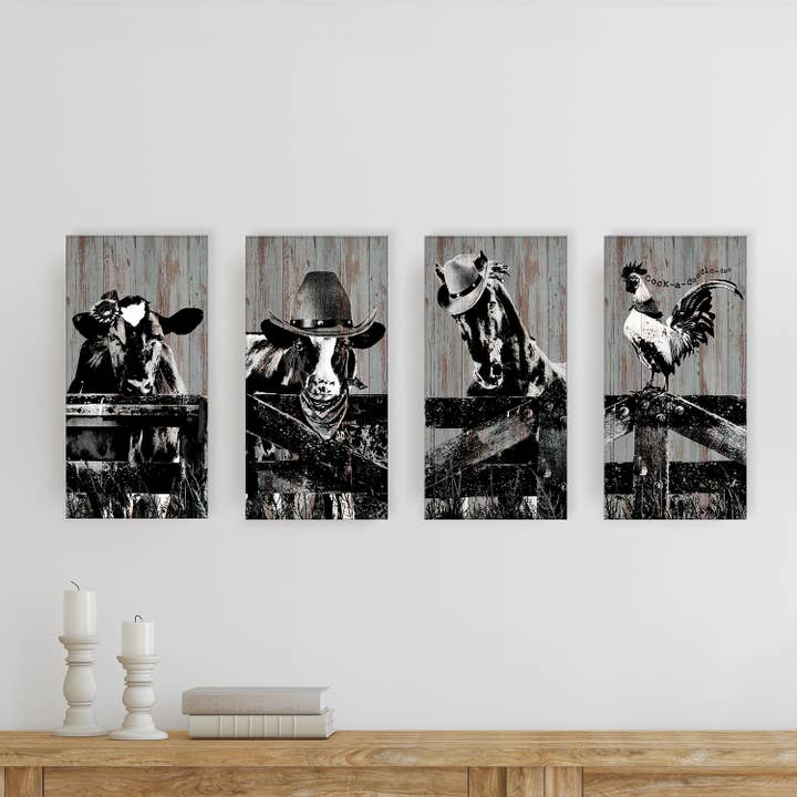 On the Fence' Farmhouse Animal 4-Pc Wrapped Canvas Wall Art for wholesale by Ready2hangart, Inc.
