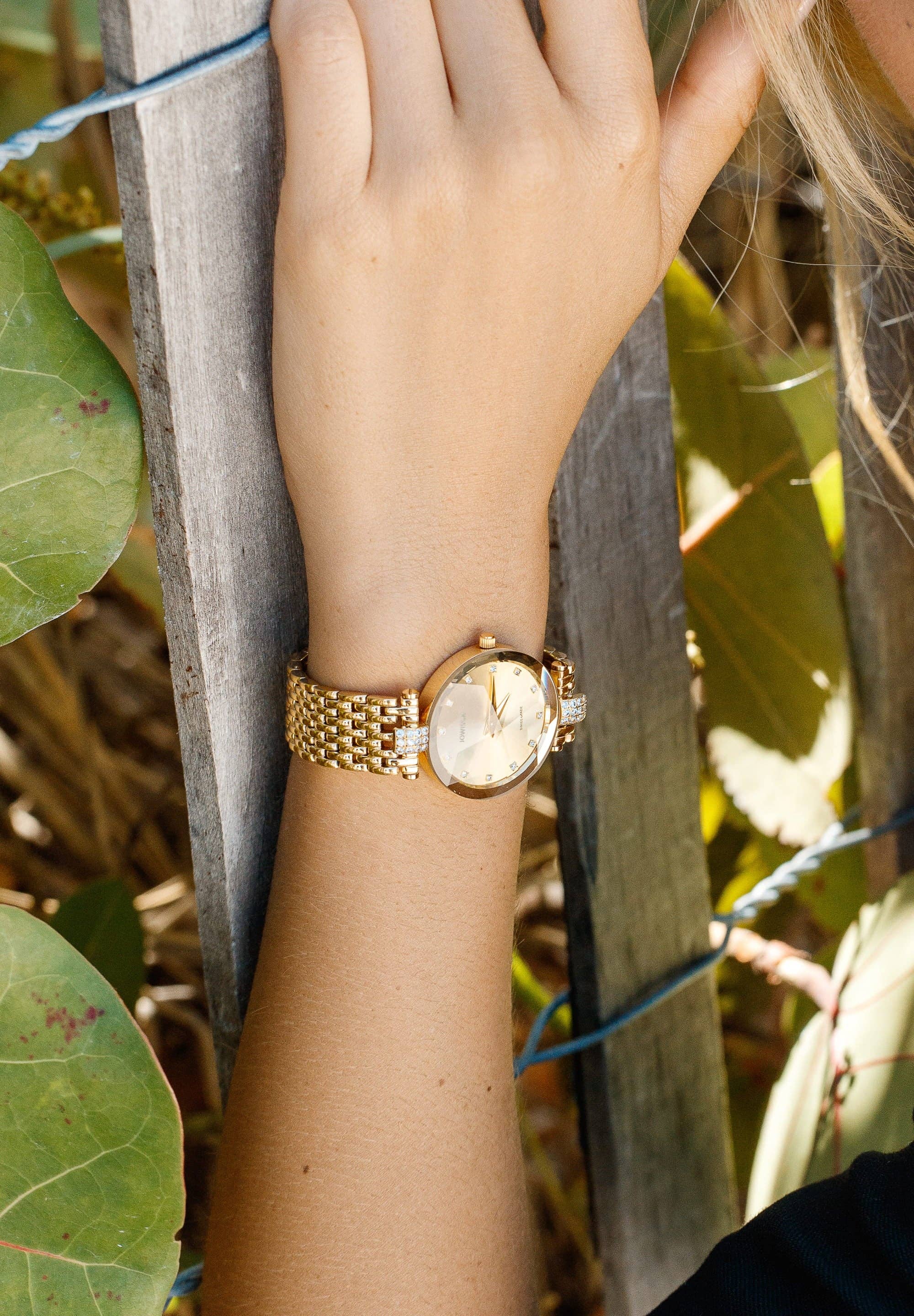 Gold White Swiss Woman Watch 29mm Facet Strass J5.633.M