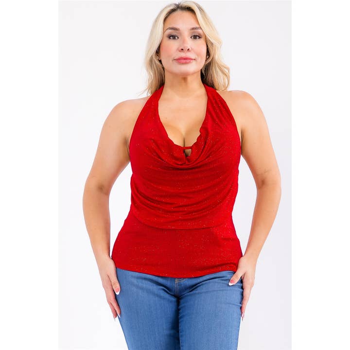 STORLEK GLITTER HALTER COWL NECK SIDORUCHED TOPP för wholesale av Curve Market
