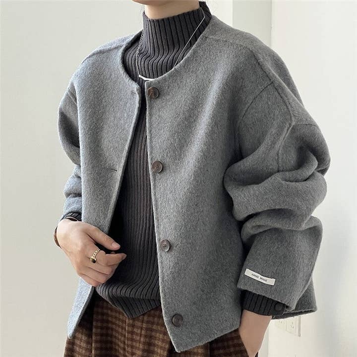 FurDecoration - Wholesale Coat - Women's - Solid Color Short Round Neck Reversible Wool Coat