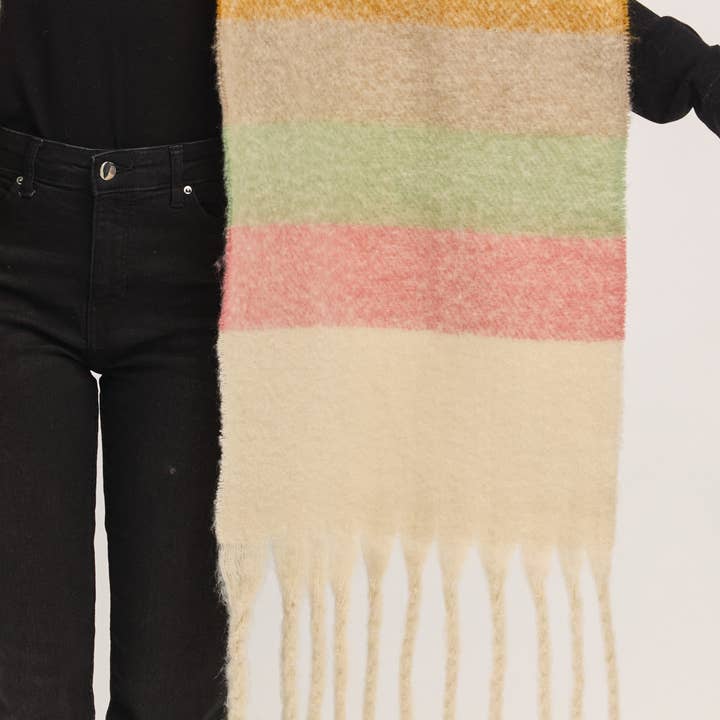 Hana - Wholesale Scarf - Women's - Multi Color Striped Brushed Fringed Winter Scarf