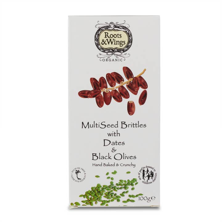 MultiSeed Brittles with Dates & Black Olives for wholesale by Roots & Wings Organic