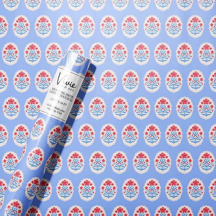 Vivie and Ash - Wholesale Wrapping Paper Roll - Red White and Blue Cameo Floral Botanical Wrapping Paper