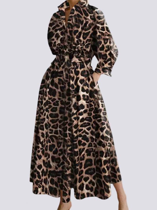 Urban Loose Long Sleeves Leopard Lapel Collar Midi Dresses for wholesale on Faire