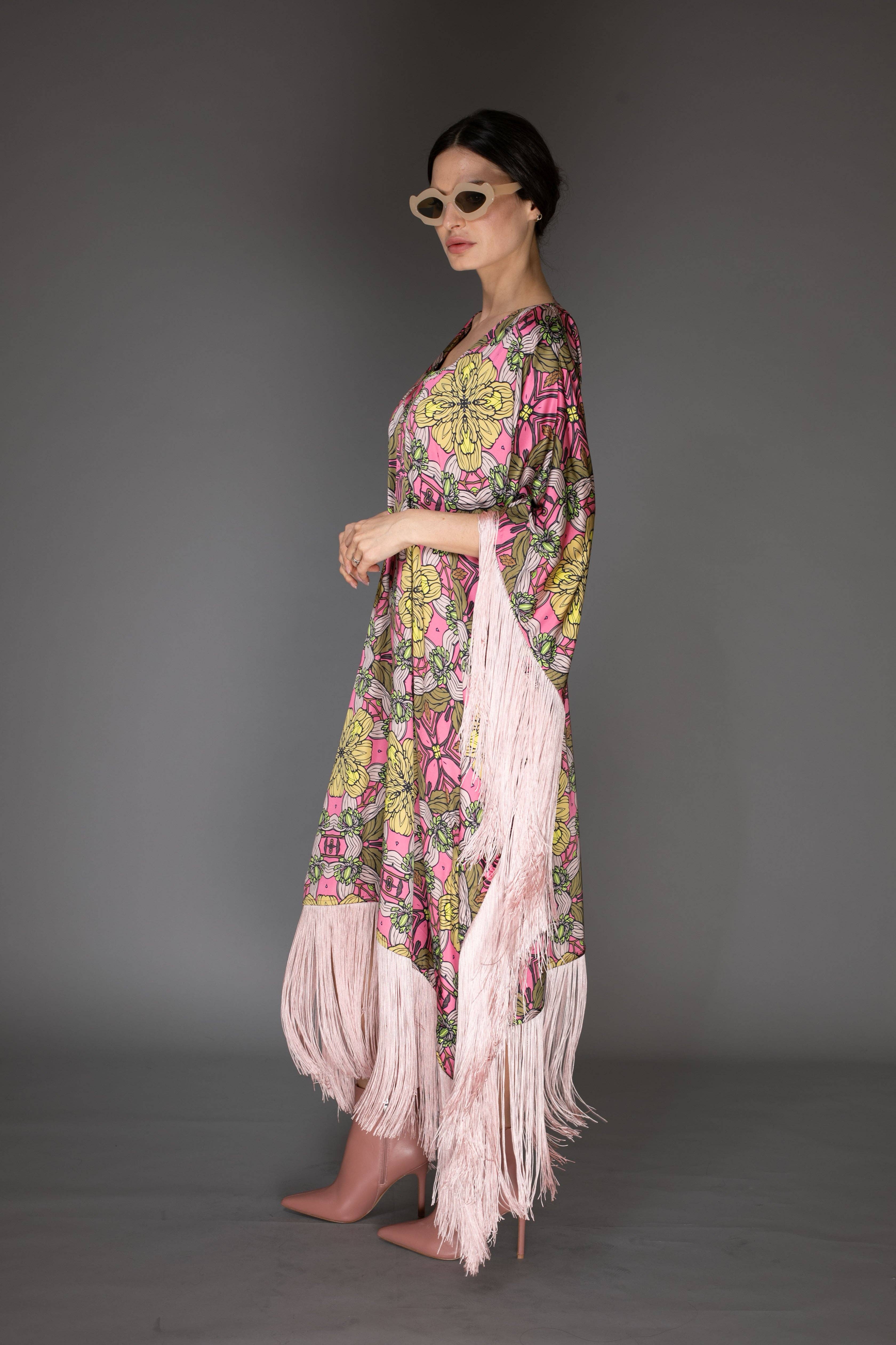Rose Pink Fringed Satin Long Kaftan Dress for wholesale on Faire3