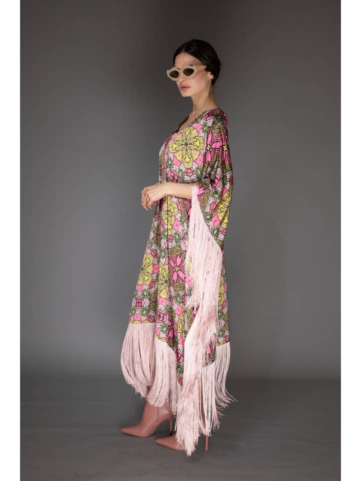 Rose Pink Fringed Satin Long Kaftan Dress for wholesale on Faire3
