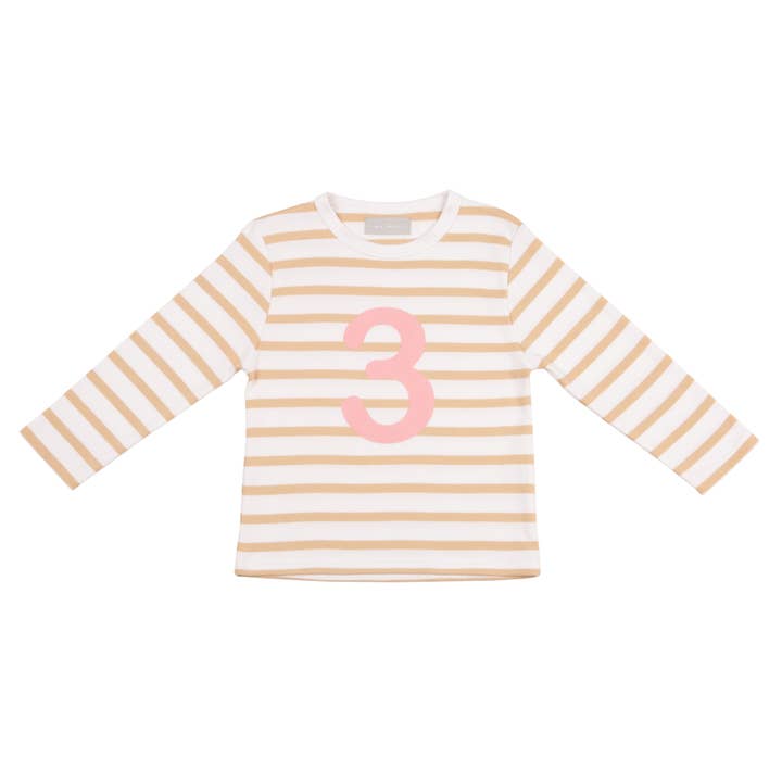 Biscuit & White Breton Striped Number 3 T Shirt (Pink) for wholesale by Bob & Blossom (US Duties Paid)