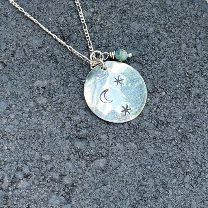 Moonlit Necklace | Crescent Moon & Star Pendant with Aventurine Drop, Sterling Silver, Handmade in Colorado by iNk Jewelry for wholesale by iNk Jewelry