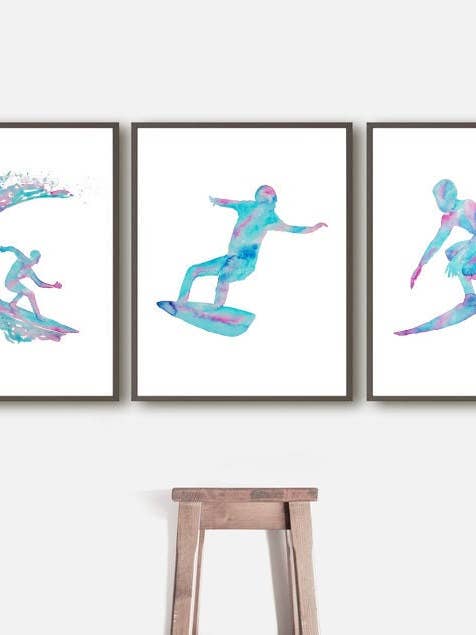 Sæt med 3 Surfing Akvarel Maleri for engroshandel hos Goodfairyart