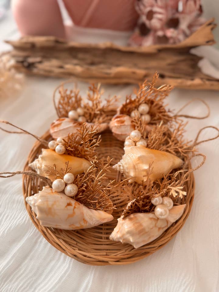 Natural Shell Holiday Ornament Set | Gold Pine & White Berry for wholesale by Salty Sea Company