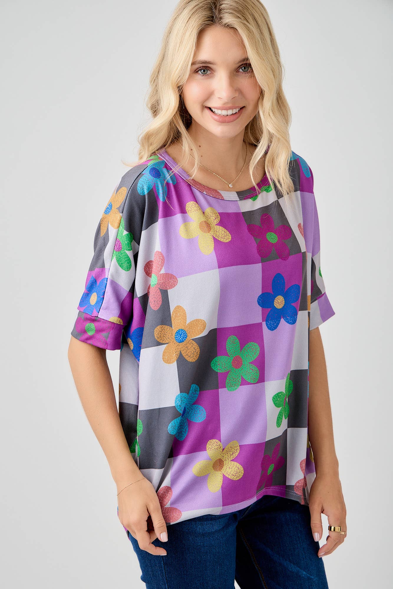 Celeste Clothing - Wholesale Tunic - Women's - WOMEN'S PLUS SIZE CHECKERED FLORAL TOP WITH HIGH-LOW HEM  
23