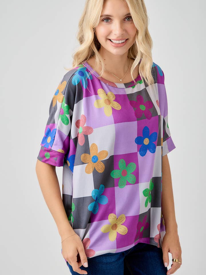 Celeste Clothing - Wholesale Tunic - Women's - WOMEN'S PLUS SIZE CHECKERED FLORAL TOP WITH HIGH-LOW HEM
23