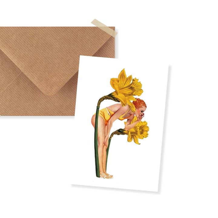 Lylies - Wholesale Christmas Card - Mini card with envelope collage lady among daffodils