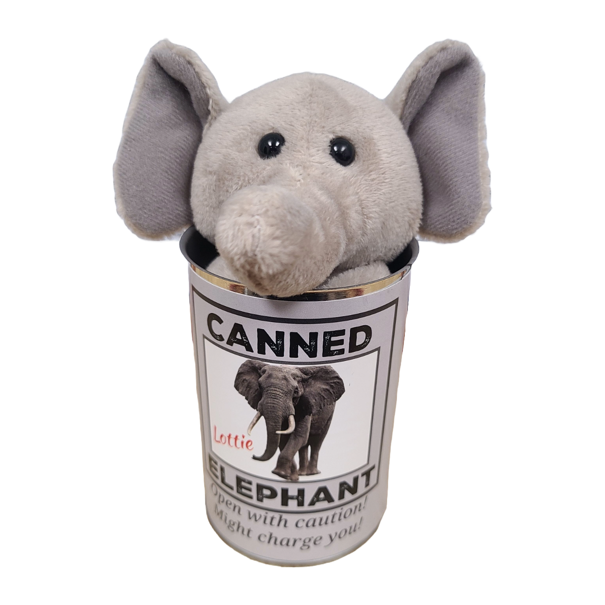 Canned Gifts – wholesale Fyllda/plyschleksaker - Barn och baby – Lottie den konserverade elefanten - Fylld djurplysch med skämt6