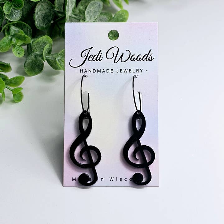 Jedi Woods LLC - Wholesale Dangle Earrings - Black Treble Clef Music Earrings with Hoops, Gauge Friendly