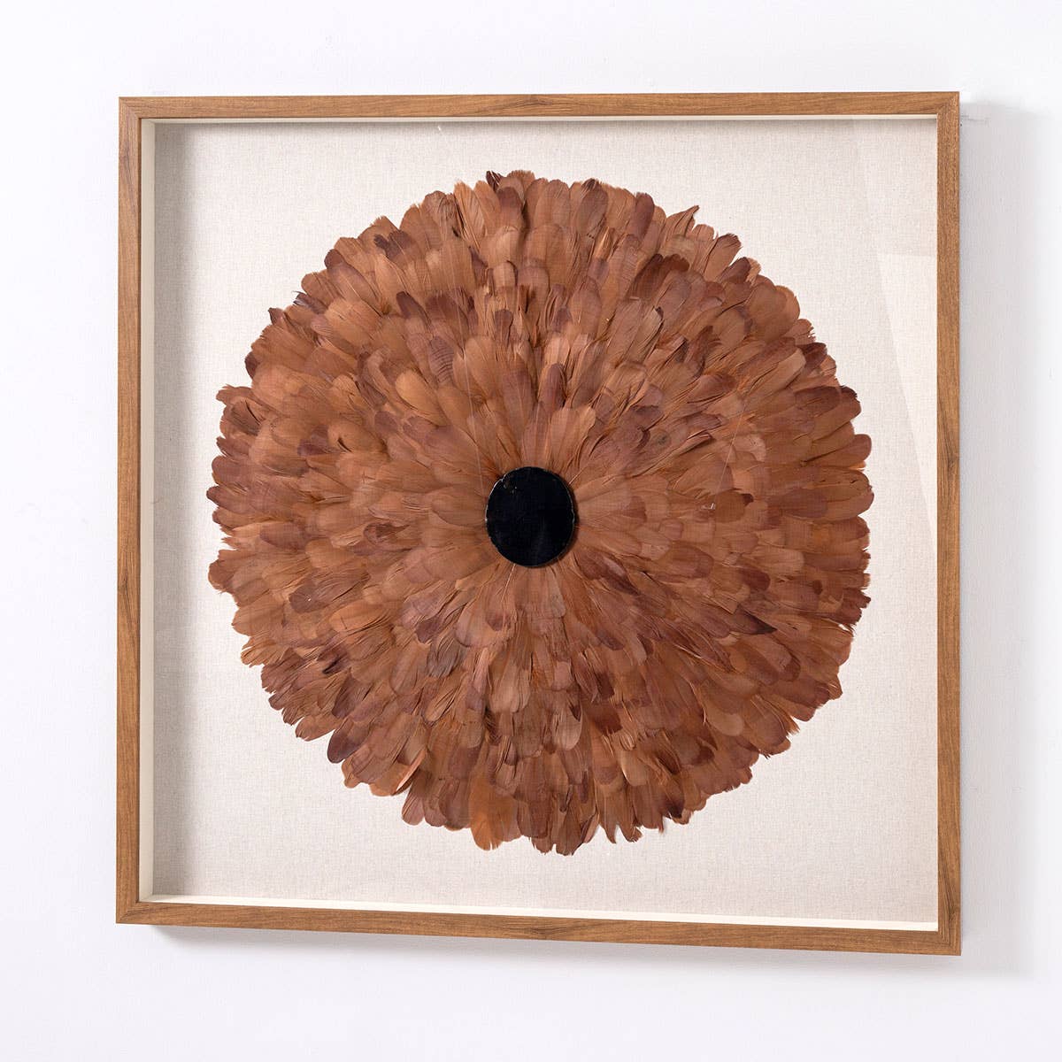 Gdeco - Venta al por mayor Marcos de fotos - Cuadro Vitrina 100*100 Cm, Marco Roble Y Plumas Coral Con Piedra Cristal.0