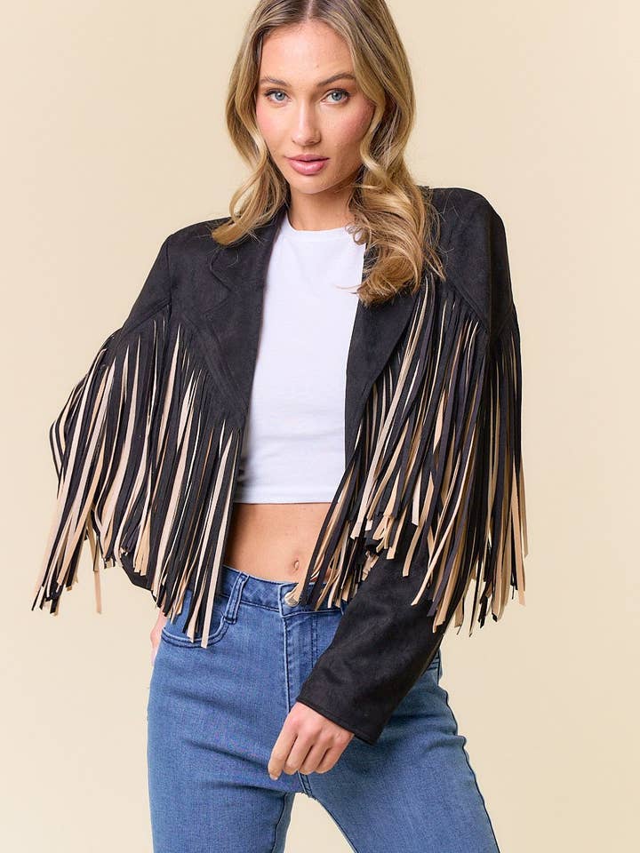 Saints & Hearts - Vente Veste – femme - SIJ5279A VESTE NOIRE À FRANGES OUVERTES SUR LE DEVANT (Copy (C)