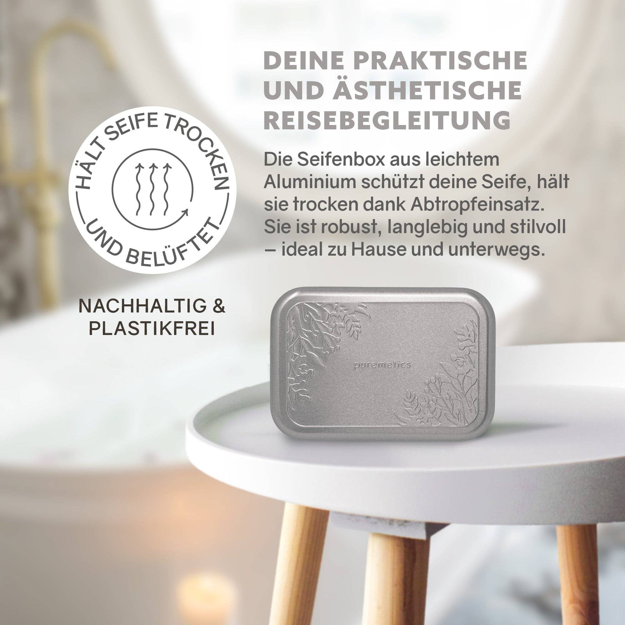 puremetics GmbH - Wholesale Soap Caddy - Soap box with drainer 'Matt-Silver Floral'1