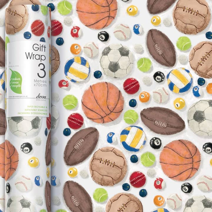 Rollo de papel de regalo de 3 m x 70 cm con pelotas deportivas - 30 rollos para venta al por mayor de Deva Designs Ltd