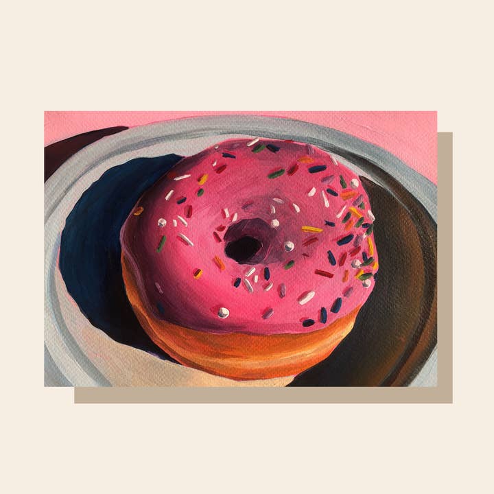 Pink Donut Painting 5x7 Art Print for wholesale by Painting With James