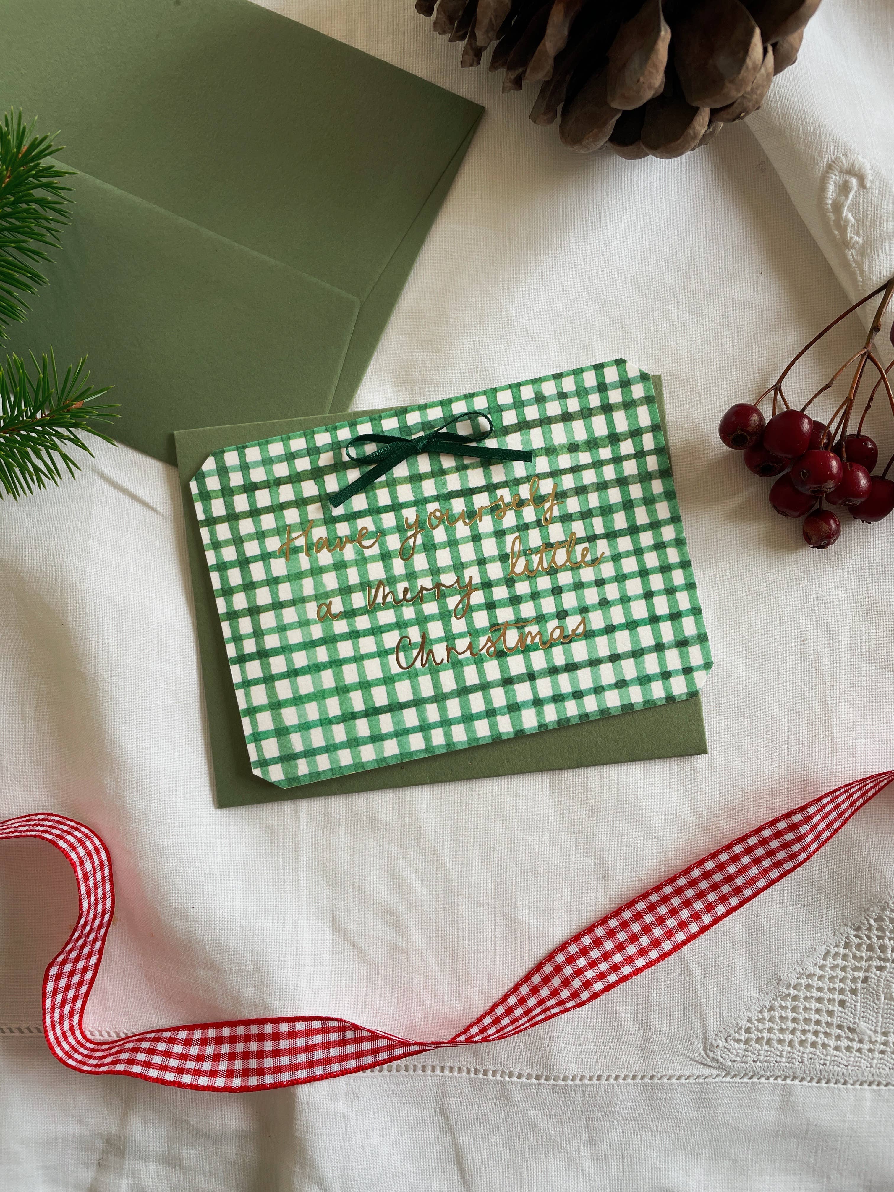 Annie Brougham Paper Goods. - Wholesale Christmas Card - Green Gingham Petite Foiled Bow Christmas Card5