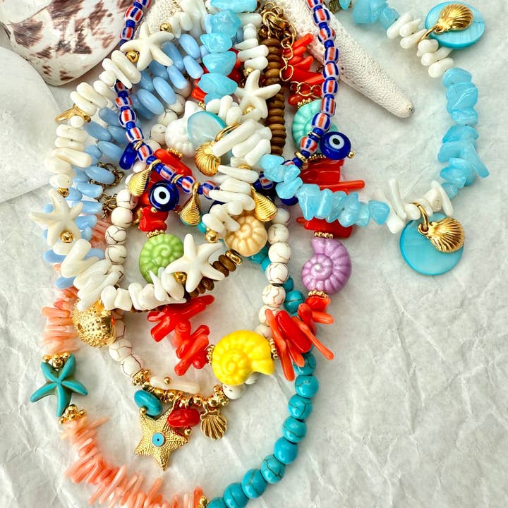 Goupi - Wholesale Anklet - Wooden Beads, Sky Blue Glass Charms & Ceramic Shell Accent5