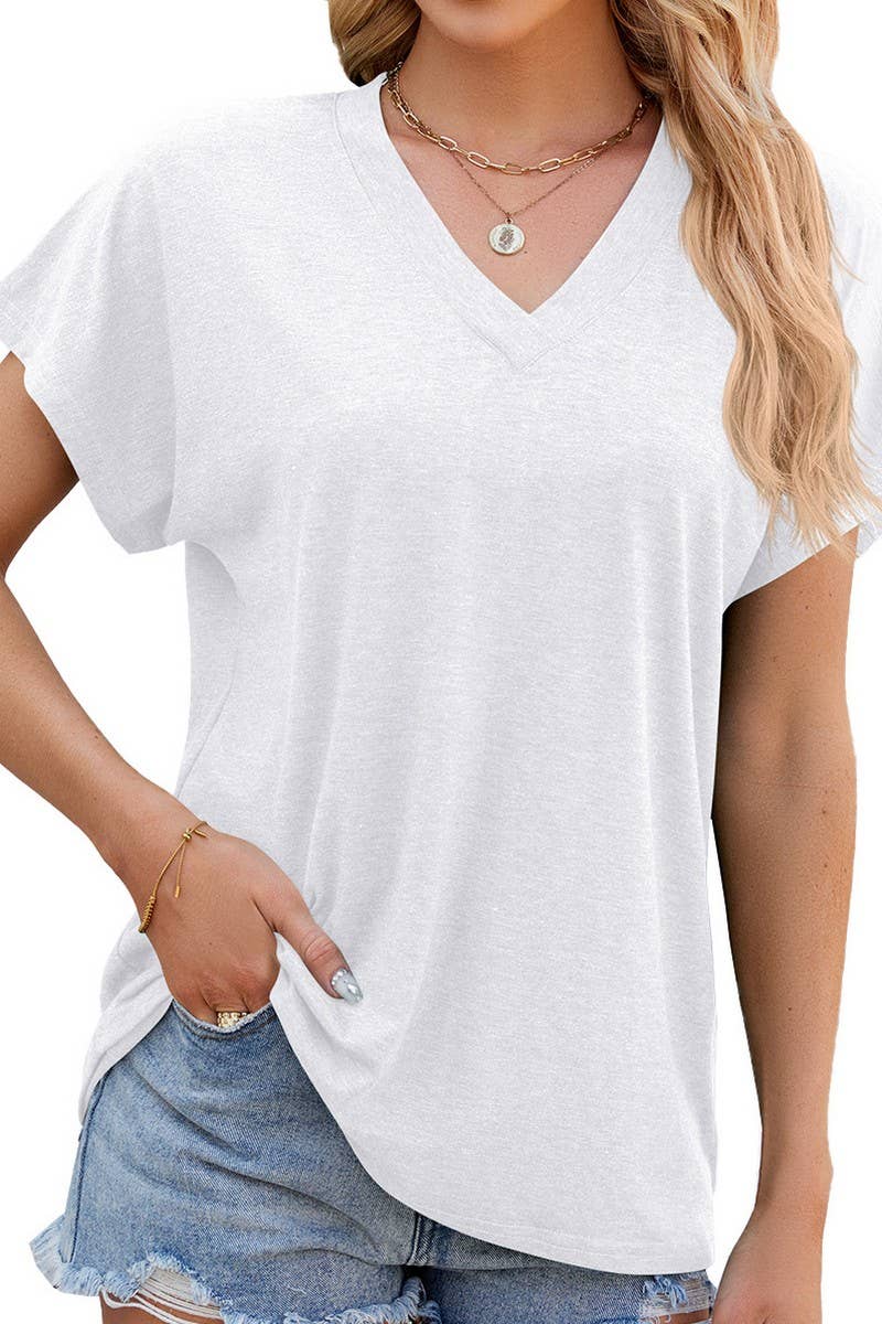 Lily Clothing - Vente T-shirt – femme - PULL DÉCONTRACTÉ À MANCHES COURTES DE COULEUR UNIE À COL EN V_CWTSTS01983