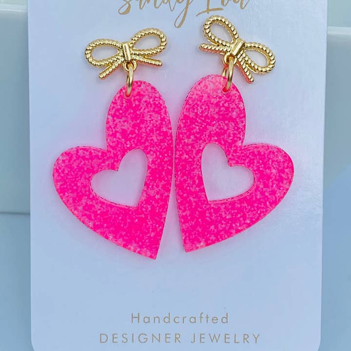 Valentine Bow Jelly Acrylic Heart Dangle Earrings for wholesale by Sandy Lou Designs