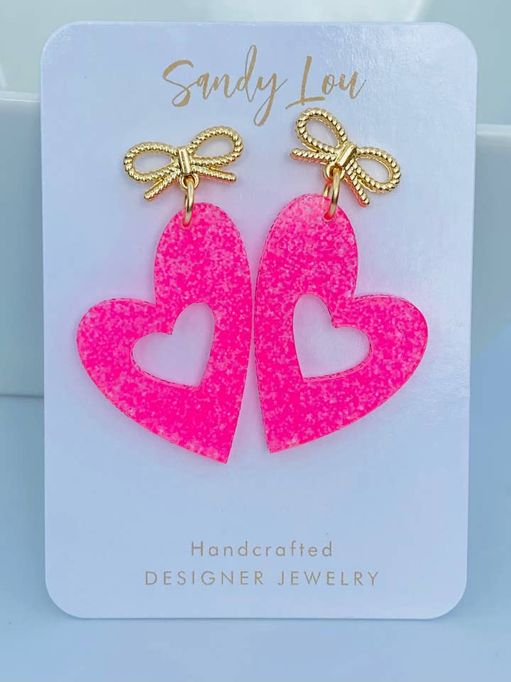 Valentine Bow Jelly Acrylic Heart Dangle Earrings for wholesale by Sandy Lou Designs