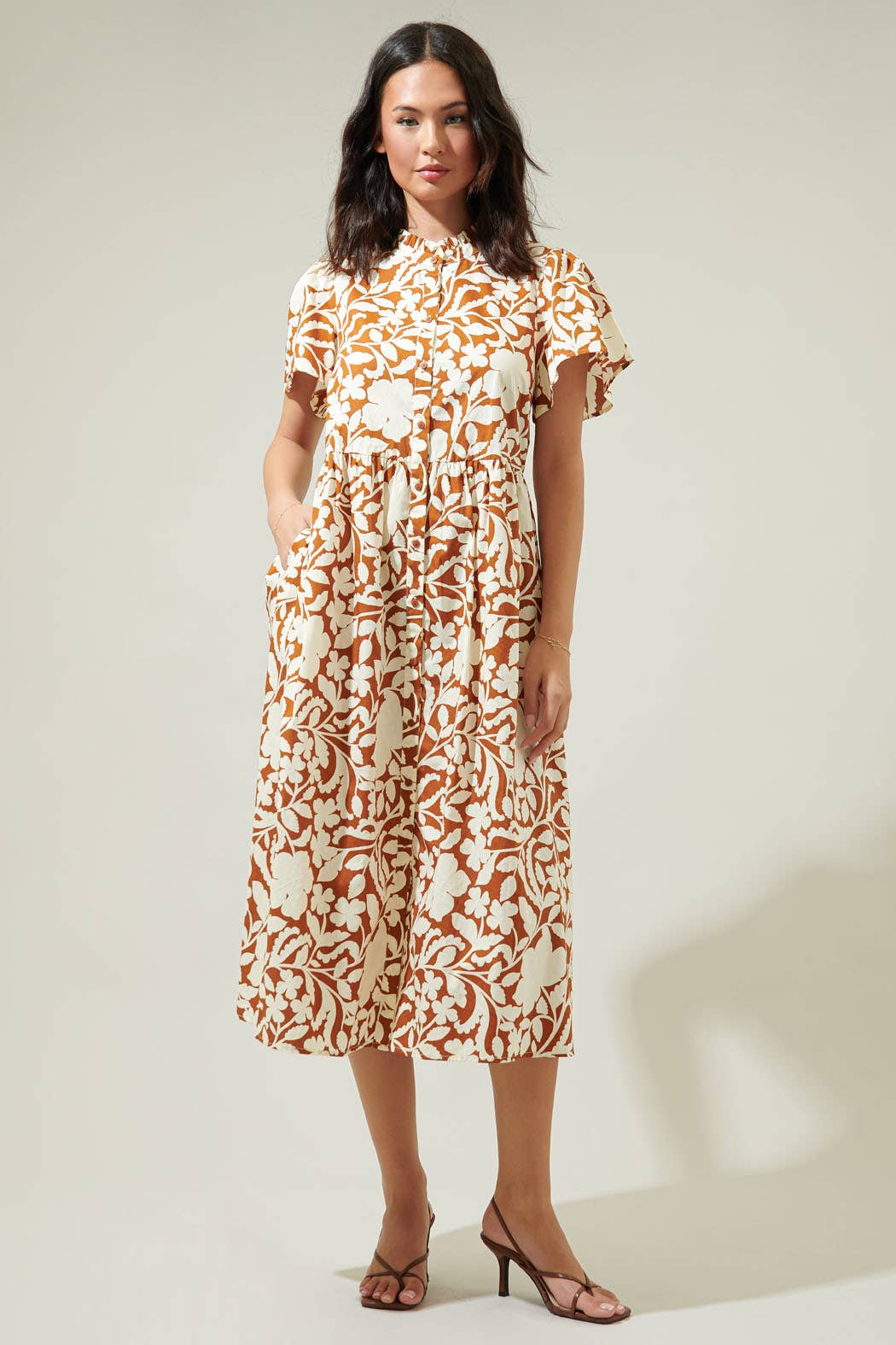 CREAM BROWN Aurelia Floral Babydoll Midi Dress for wholesale on Faire4