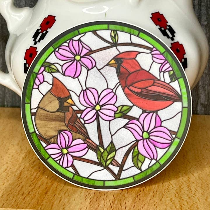 Cardinal Couple Stained Glass Design Waterproof Sticker Decal for wholesale by The Local Print Shoppe