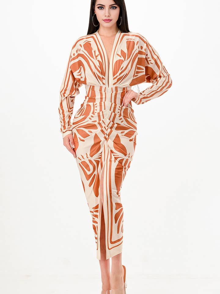 BD4007_Printed deep V-neck pleats midi dress for wholesale by Her Bottari