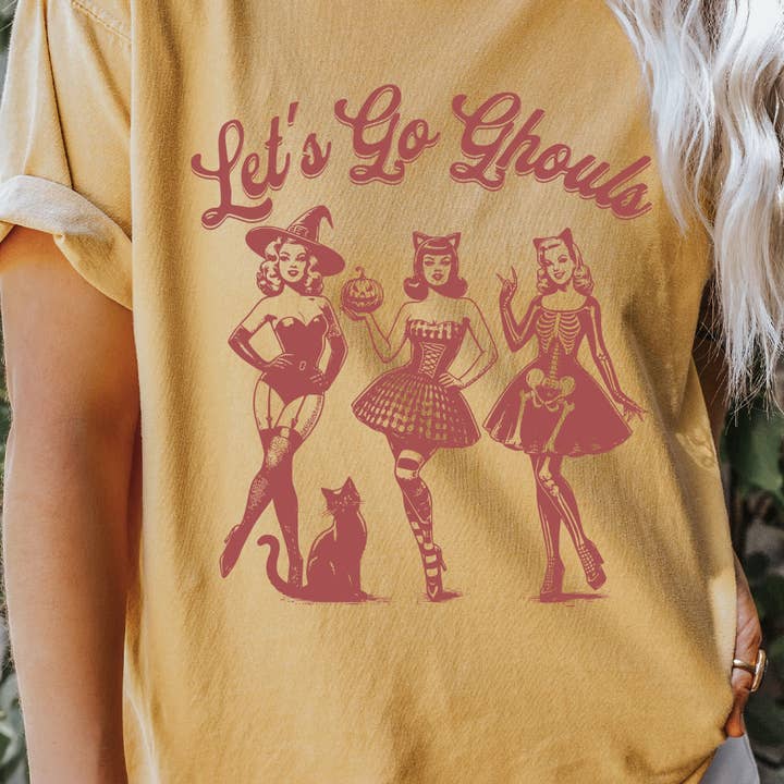 PLUS Let's Go Ghouls Retro Comfort Colors Tee  for wholesale by Kissed Apparel