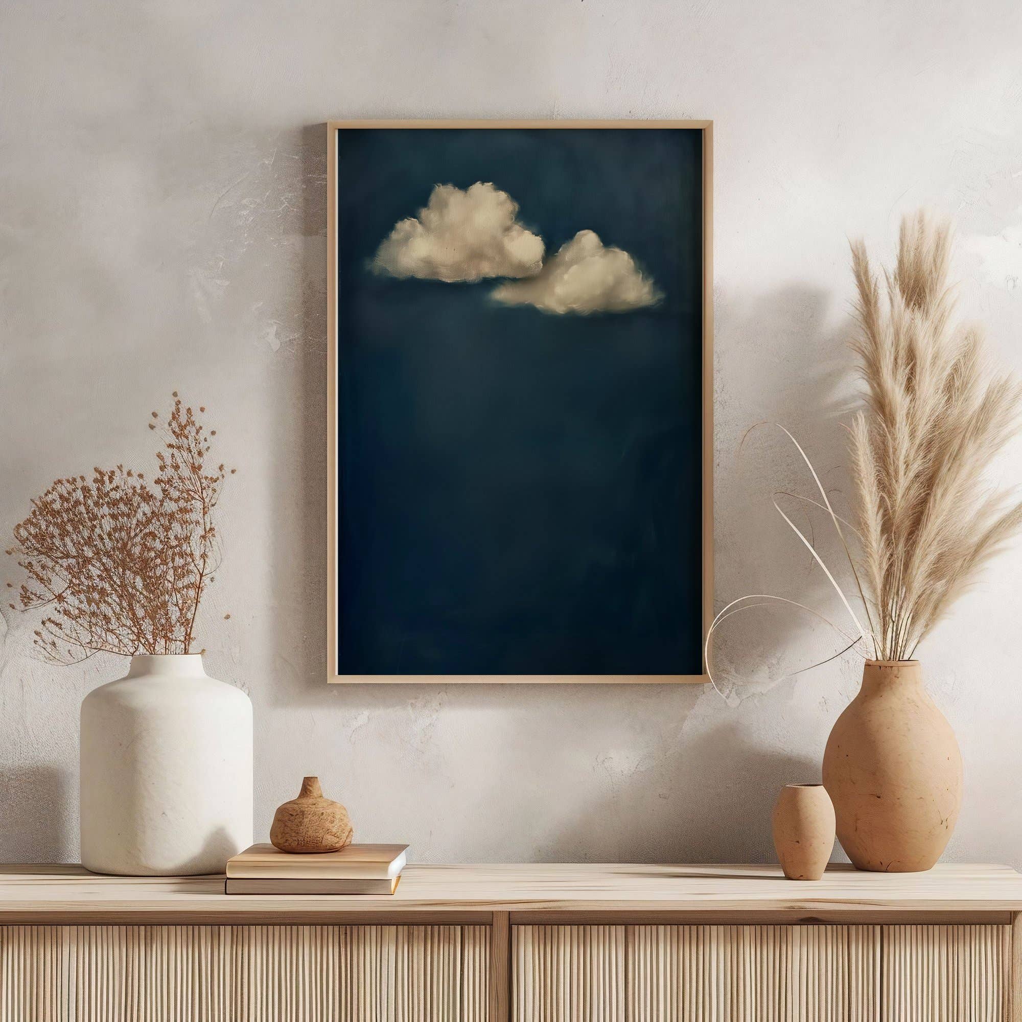 Plumnearly Prints - Wholesale Canvas Art - Indigo Blue Beige Cloud Oil Painting Framed Canvas Art 103