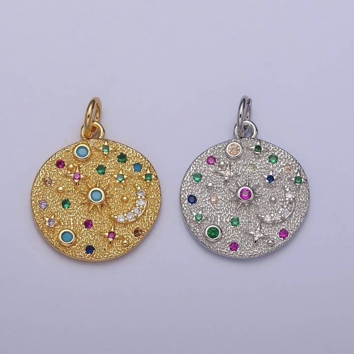 Gold Filled Celestial CZ Crescent Moon Star Sun Dotted Hammered Coin Charm in Gold & Silver | AC256 AC257 for wholesale by Aim Eternal