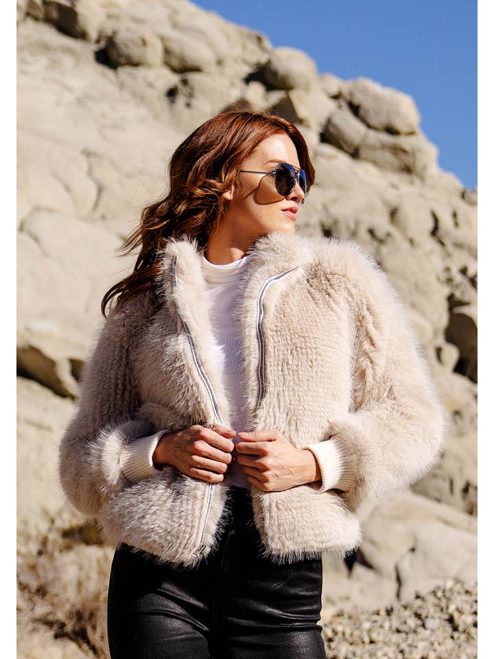 Champagne Fox Faux Fur Parkside Bomber Jacket for wholesale on Faire
