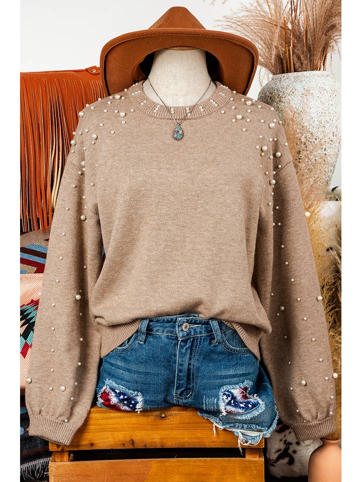 fashionworks - Wholesale Knit Sweater - Women's - Fashion-W Pearled Drop Shoulder Round Neck Sweater