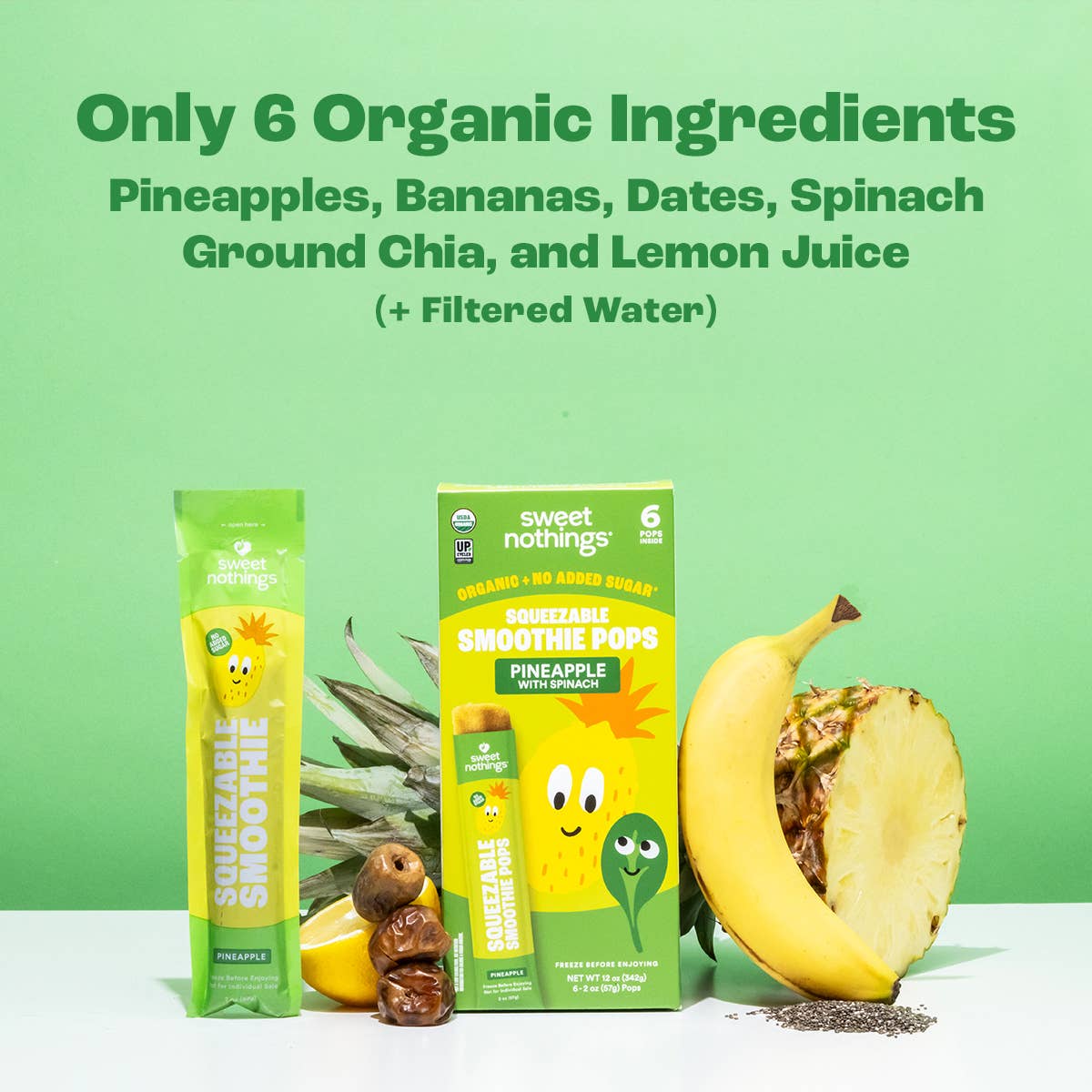Sweet Nothings - Wholesale Fruit Snacks - Pineapple Spinach Squeezable Smoothie Pops - Freeze At Home1