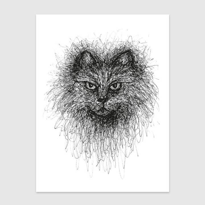 Scribble Cat Art Print, Cat Illustration Art, Monochrome Art Print for wholesale by Baldy And The Fidget