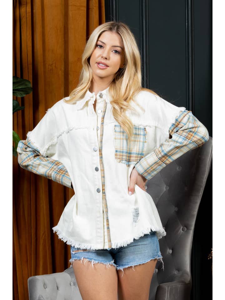 White EP-JK27182 Distressed Plaid Denim Jacket for wholesale on Faire3