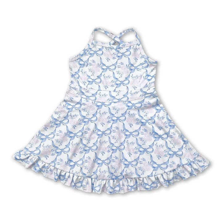 Straps blue bows floral ruffle kids girls athletic dresses for wholesale by Yawoo Garments
