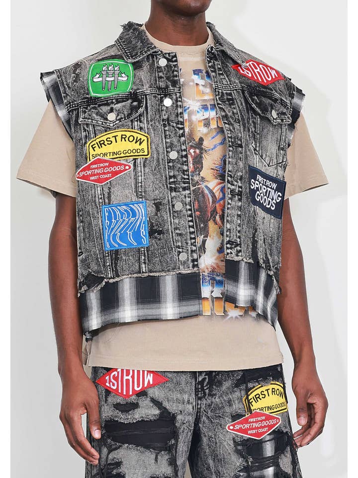 Black Stone PATCHES CUT OFF PLAID DENIM VEST for wholesale on Faire5